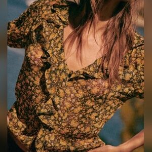 Sezane Irena Blouse Black / Yellow Blossoms - Size 6